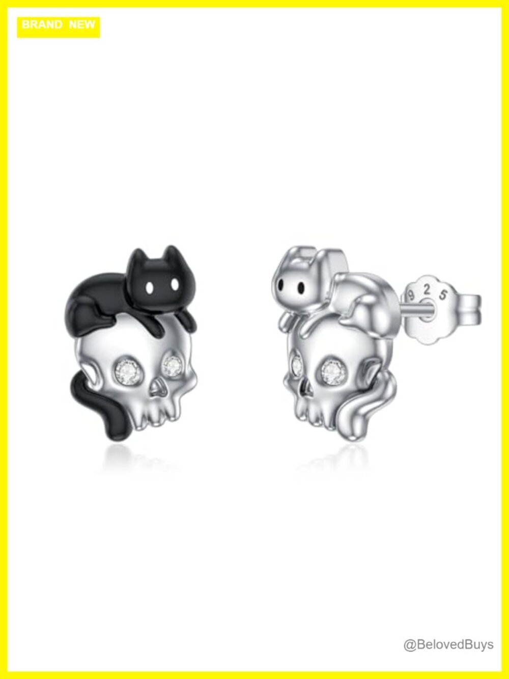 Diamond Skull Cat Stud Earrings 925 Sterling Silver Lab Grown Diamond